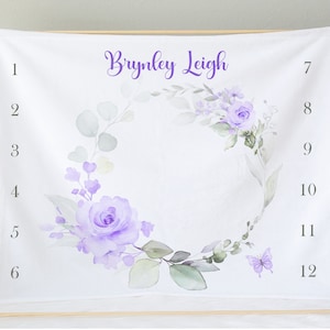 Personalized Purple Floral Rose Baby Girl Milestone Blanket | Monthly Growth Tracker | Custom Name Blanket | Photo Prop | Baby Shower Gift