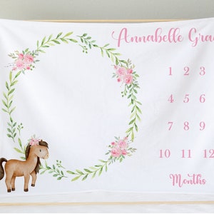 Personalized Floral Horse Baby Girl Milestone Blanket | Monthly Growth Tracker | Custom Name Blanket | Photo Prop | Baby Shower Gift