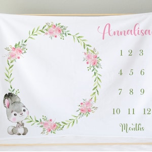 Personalized Floral Bunny Baby Girl Milestone Blanket | Monthly Growth Tracker | Custom Name Blanket | Newborn Photo Prop | Baby Shower Gift