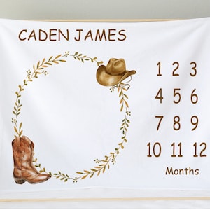 Personalized Cowboy Western Baby Boy Milestone Blanket | Monthly Growth Tracker | Custom Name Blanket | Photo Prop | Baby Shower Gift