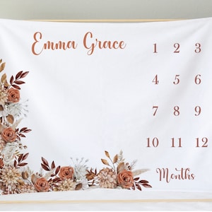 Personalized Boho Floral Baby Girl Milestone Blanket | Monthly Growth Tracker | Custom Name Blanket | Photo Prop | Baby Shower Gift | Boho