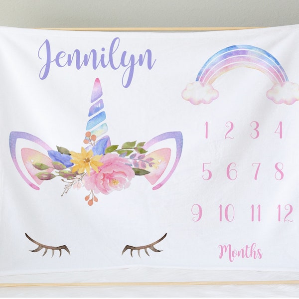 Unicorn Milestone Baby Girl Blanket Baby Blanket Personalized Milestone Month Baby Blanket Newborn Baby Shower Gift Unicorn Girl Blanket