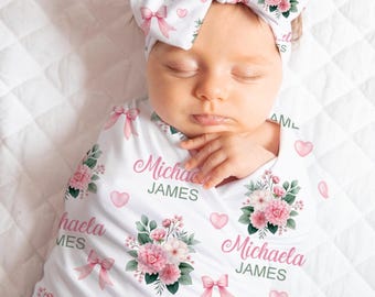 Personalized Baby Girl Blanket, Pink Floral Bow Swaddle Set, Knotted Cap or Bow, Baby Shower Gift, Newborn Photo Prop, Going Home Outfit