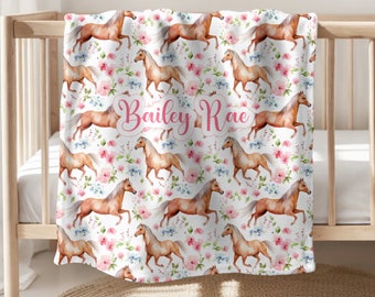 FLORAL HORSE Girl Blanket Horse Personalized Blanket Cowgirl Blanket Swaddle Personalized Girl Blanket Baby Shower Gift