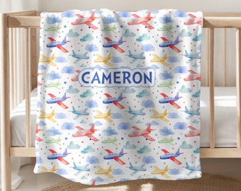 Personalized Baby Boy Airplane Baby Blanket Baby Swaddle Baby Gift Custom Blanket Airplane Custom Blanket Tummy Time Gift for Boy