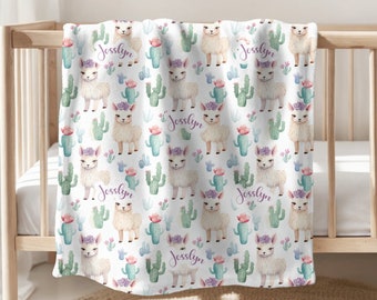 LLAMA Baby Girl Blanket Personalized Blanket Cactus Llama Girl Swaddle Blanket Personalized Girl Name Blanket Baby Shower Gift Blanket Gift