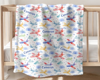 Personalized Baby Boy Airplane Baby Blanket Baby Swaddle Baby Gift Custom Blanket Airplane Custom Blanket Tummy Time Gift for Boy