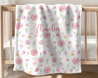 PINK FLORAL Baby Girl Blanket Personalized Girl Blanket Flower Baby Girl Blanket Baby Gift Personalize Girl Name Blanket New Mom Gift