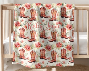 Western Baby Girl Blanket Personalized Blanket Pink Flower Cowgirl Girl Swaddle Blanket Personalized Girl Name Blanket Baby Shower Gift
