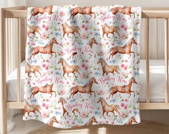 FLORAL HORSE Girl Blanket Horse Personalized Blanket Cowgirl Blanket Swaddle Personalized Girl Blanket Baby Shower Gift