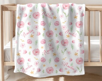 FLORAL Baby Girl Blanket Personalized Girl Blanket Flower Baby Girl Blanket Baby Gift Personalize Girl Name Blanket New Mom Gift