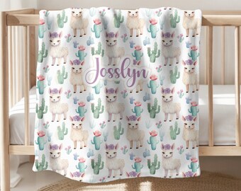 LLAMA Baby Girl Blanket Personalized Blanket Cactus Llama Girl Swaddle Blanket Personalized Girl Name Blanket Baby Shower Gift Blanket Gift