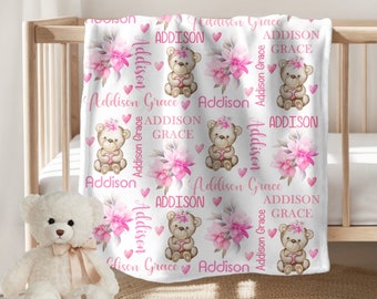 Teddy Bear Baby Girl Blanket Personalized Baby Blanket Pink Floral Baby Blanket Baby Shower Gift Custom Name Blanket MInky Fleece Sherpa