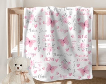 Pink Floral Butterfly Blanket Baby Girl Blanket Personalized Girl Blanket Flower Custom Blanket Personalize Girl Name Blanket Shower Gift