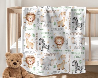 Baby Boy Baby Blanket Personalized Safari Animals Zoo Animals Baby Blanket Swaddle Minky Fleece Sherpa Baby Blanket Baby Gift Custom Blanket