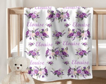 Purple Floral Blanket Floral Name Blanket Purple Flowers Girl Name Blanket, Baby Girl Blanket Floral Blanket, Custom Blanket,