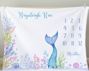Personalized Mermaid Tail Baby Girl Milestone Blanket | Monthly Growth Tracker | Custom Name Blanket | Newborn Photo Prop | Baby Shower Gift