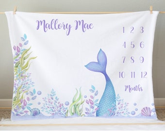 Mermaid Tail Baby Blanket Personalized Milestone Blanket, Monthly Milestone Blanket, Baby Shower Gift, Baby Girl Blanket,  Nursery Decor