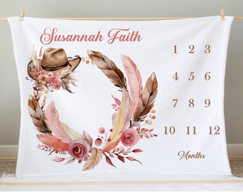 Personalized Cowgirl Baby Girl Milestone Blanket | Custom Name Blanket | Monthly Growth Tracker | Baby Shower Gift | Boho Nursery Theme