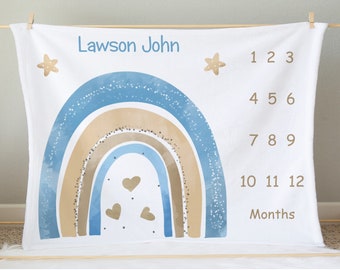 Rainbow Baby Boy Milestone Blanket Personalized Blanket, Monthly Milestone Blanket, Baby Shower Gift, Baby Girl Blanket, Nursery Decor