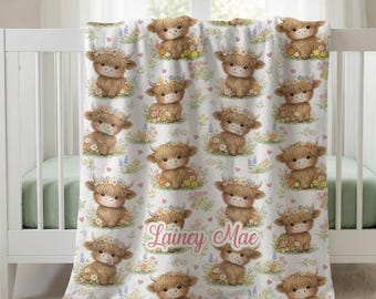 Personalized Highland Cow Baby Girl Blanket, Custom Crib Blanket, Swaddle Set, Minky Fleece Sherpa, Baby Shower Gift, Farm Nursery Decor