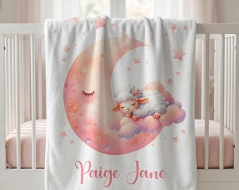 Personalized Lamb Baby Girl Blanket, Custom Name Crib Blanket, Swaddle Set, Minky Fleece Sherpa, Baby Shower Gift, Sheep Nursery Decor