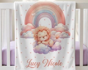 Personalized Lion Baby Girl Blanket, Rainbow Custom Crib Blanket, Baby Girl Gift, Custom Name Blanket, Baby Nursery Decor, Custom Baby Gift
