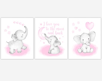 Watercolor Pink Elephant With Balloon Baby Girl Nursery Art Personalized Wall Decor 3 UNFRAMED PRINTS