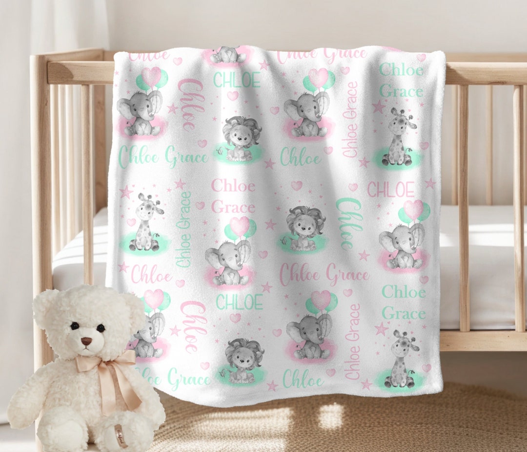 Safari Animals Baby Girl Blanket Personalized Baby Blanket Girl Swaddle ...