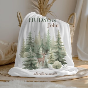 Personalized Forest Deer Boy Blanket | Custom Name Crib Blanket | Swaddle Set | Minky Fleece Sherpa | Baby Shower Gift | Adventure Awaits