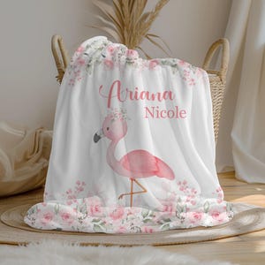 Personalized Floral Flamingo Baby Girl Blanket | Custom Name Crib Blanket | Swaddle Set | Minky Fleece Sherpa | Shower Gift | Nursery Decor
