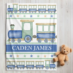 Personalized Train Baby Boy Blanket | Custom Name Blanket | Swaddle Set | Minky Fleece Sherpa | Shower Gift | Choo Choo Nursery Decor