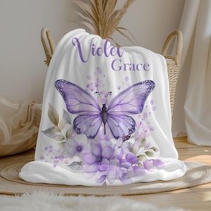 Personalized Butterfly Baby Girl Blanket | Purple Floral Name Blanket | Swaddle Set | Minky Fleece Sherpa | Baby Shower Gift