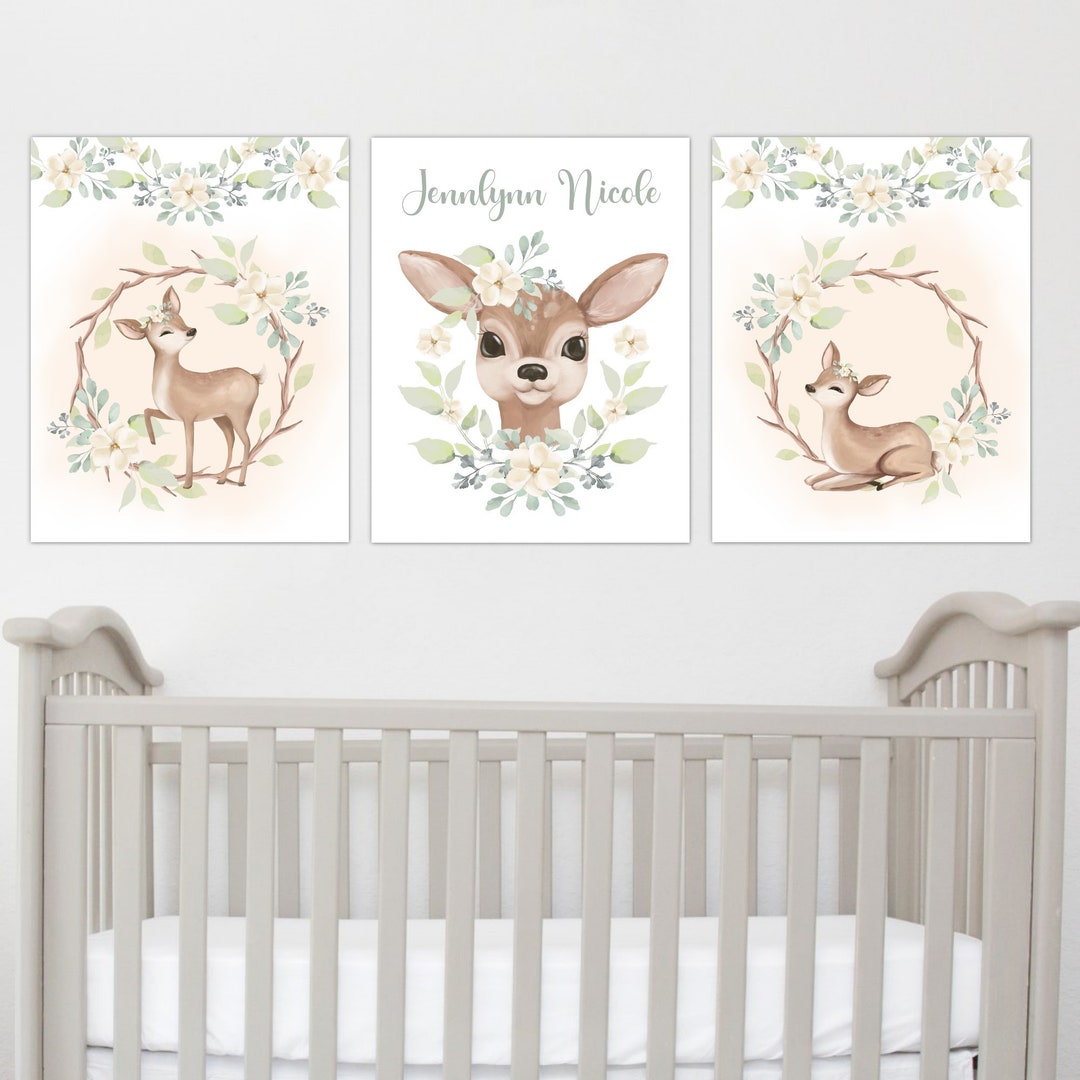 Deer Baby Girl Nursery Art Print Floral Deer Persoanalized Wall Decor ...