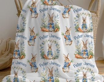 Personalized Rabbit Baby Boy Blanket, Custom Name Crib Blanket, Swaddle Set, Baby Shower Gift, Minky Fleece Sherpa, Peter Nursery Decor