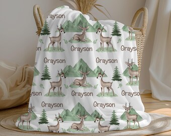 Personalized Deer Baby Boy Blanket | Woodland Forest Custom Name Blanket | Swaddle Set | Minky Fleece Sherpa | Baby Shower Gift
