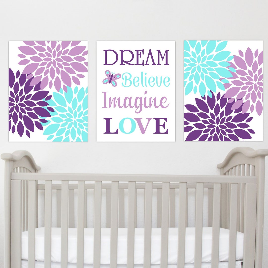 Floral Baby Girl Nursery Wall Art Purple Teal Flower Art Dahlia Decor ...