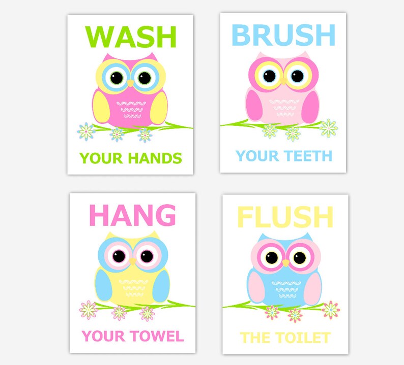 Owl Bathroom Wall Art Kids Bath Children Bathroom Prints Bath Etsy