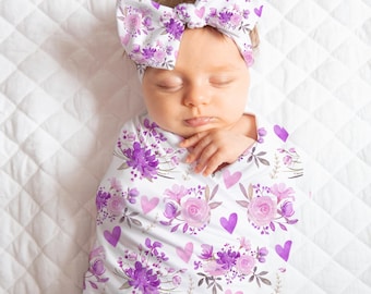 Floral Baby Girl Swaddle, Headband Bow Knotted Beanie Hat, Newborn Photo Prop, Baby Shower Gift, Coming Home Outfit, Flower Swaddle Set