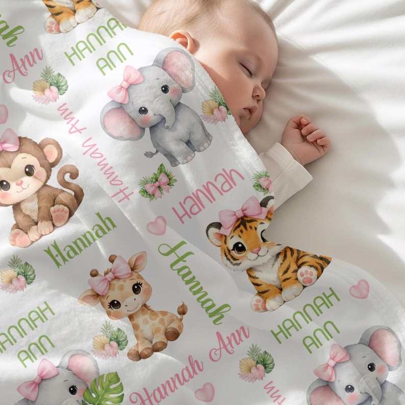 Personalized Safari Animal Baby Girl Blanket, Custom Name Crib Blanket ...