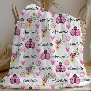 Personalized Ladybug Baby Girl Blanket, Swaddle Set, Custom Name Crib Blanket, Minky Fleece Sherpa,  Newborn Shower Gift, Nursery Decor