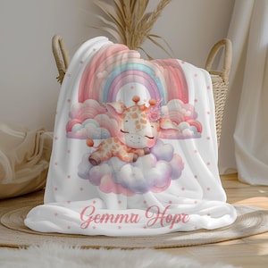 Personalized Giraffe Baby Girl Blanket, Rainbow Baby Blanket, Baby Girl Gift, Custom Name Blanket, Baby Nursery Decor, Custom Baby Gift