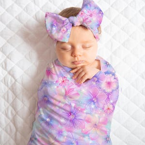 Floral Baby Girl Swaddle Blanket Set, Bow Knot Hat, Beanie, Baby Shower Gift, Newborn Photo Prop, Come Home Outfit, Flower Nursery Decor