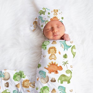 Dinosaur Baby Boy Swaddle Blanket Newborn Swaddle Blanket Knotted Baby Cap Headband Baby Gift Hospital Photo Newborn Photo Newborn Blanket