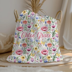 Personalized Wildflower Baby Girl Blanket, Custom Name Crib Blanket, Swaddle Set, Minky Fleece Sherpa, Baby Shower Gift, Floral Nursery