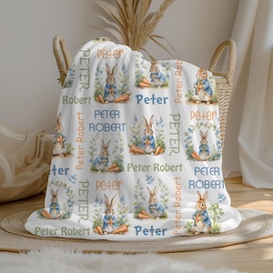 Personalized Rabbit Baby Boy Blanket, Custom Name Crib Blanket, Swaddle Set, Baby Shower Gift, Minky Fleece Sherpa, Peter Nursery Decor