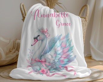 Personalized Swan Baby Girl Blanket,Swaddle Set, Custom Name Crib Blanket, Baby Shower Gift, Minky Fleece Sherpa, Swan Baby Decor