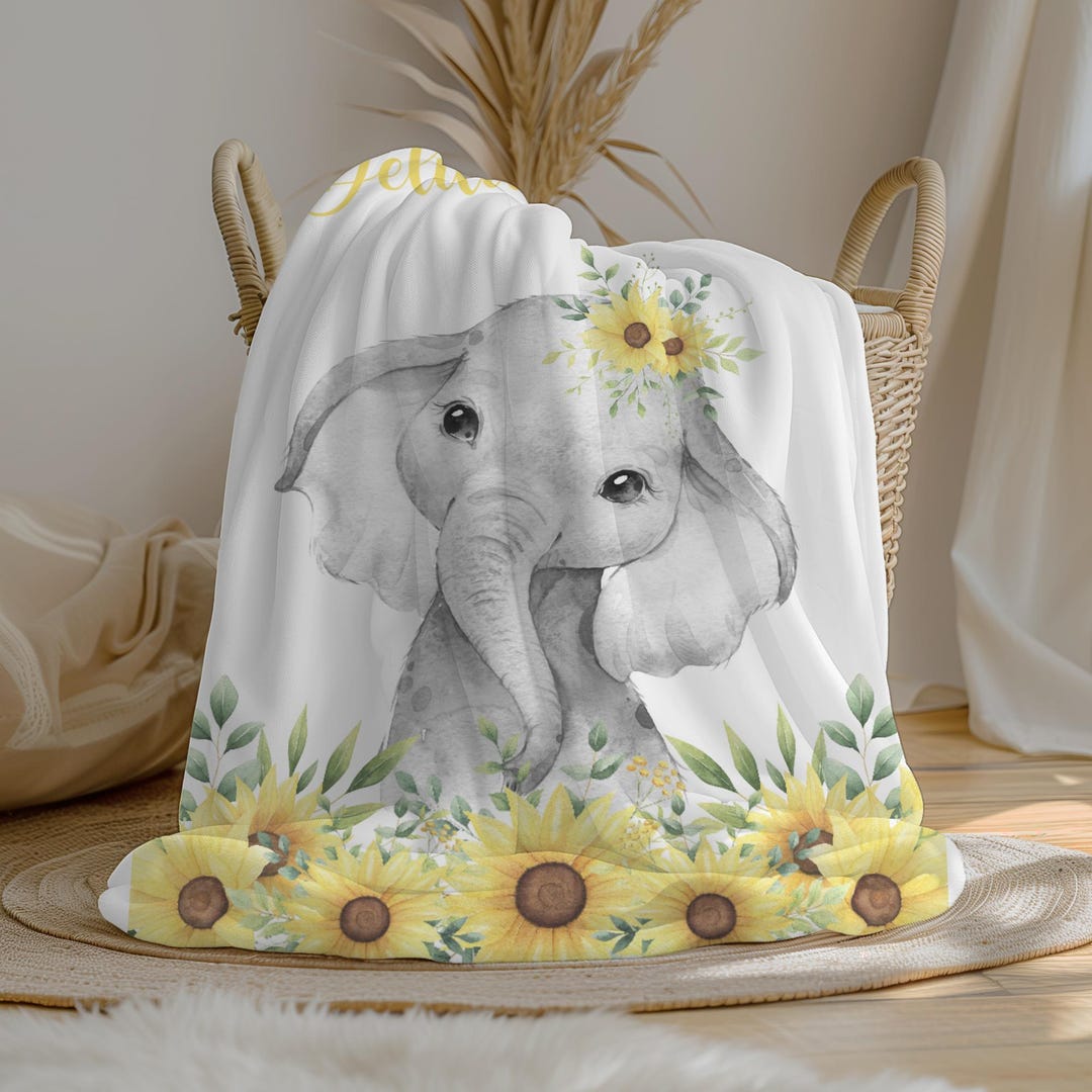 Personalized Baby Blanket – Custom Sunflower Elephant Fleece Sherpa Blanket For Baby Girls