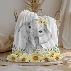 Personalized Sunflower Elephant Baby Girl Blanket | Custom Name Crib Blanket | Swaddle Set | Minky Fleece Sherpa | Baby Gift, Nursery Decor