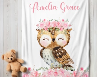 Personalized Baby Girl Blanket Pink Flower Owl Baby Blanket Floral Girl Blanket Personalized Name Blanket Floral Shower Gift